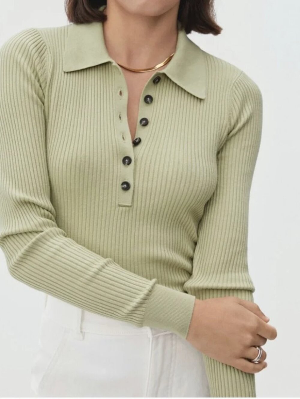 Everlane Ribbed Long Sleeve Cropped Wool Polo in Sage Green S